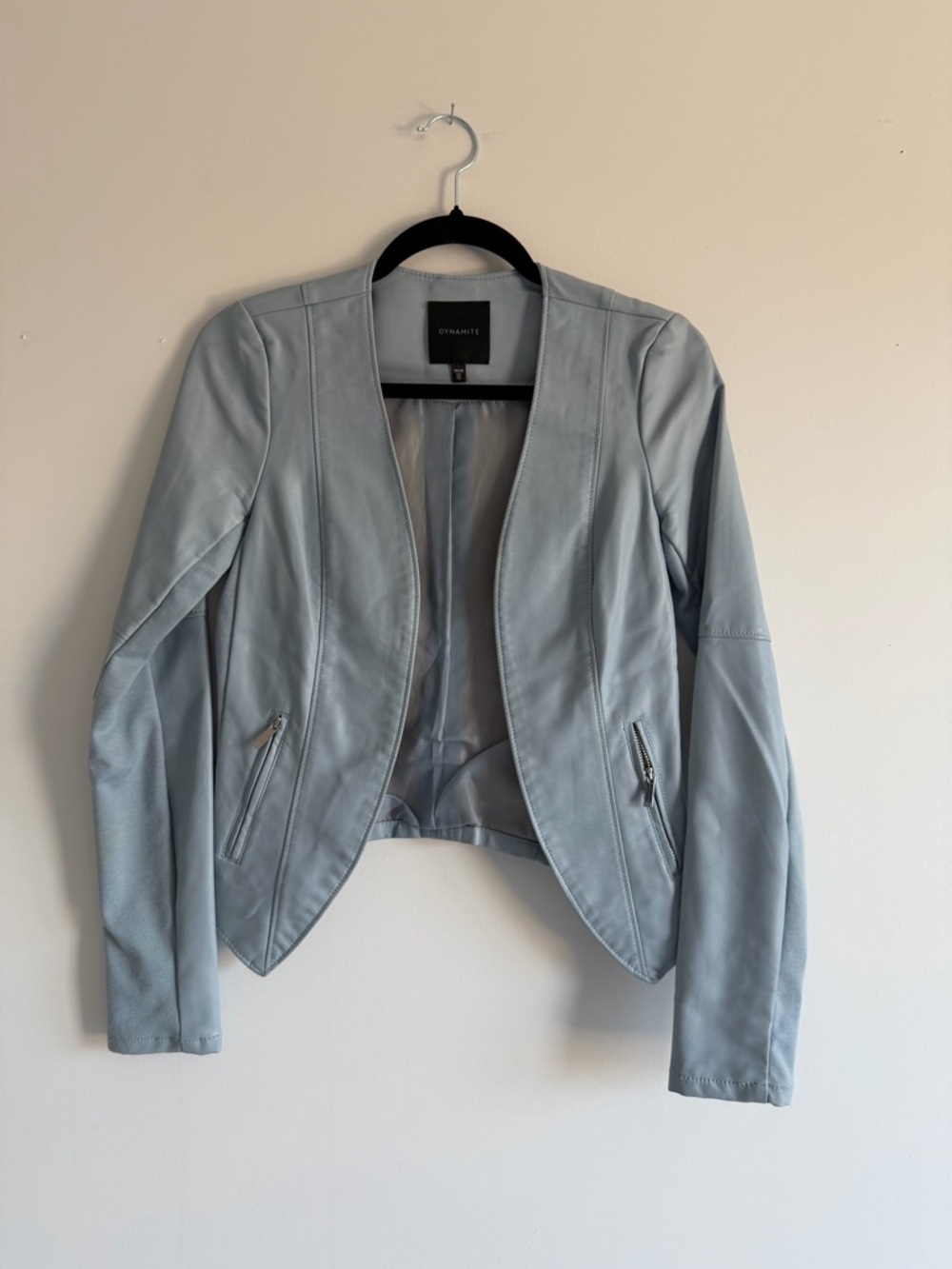 Dynamite Light Blue Faux Leather Jacket XS | Cropped Open Front Moto Style